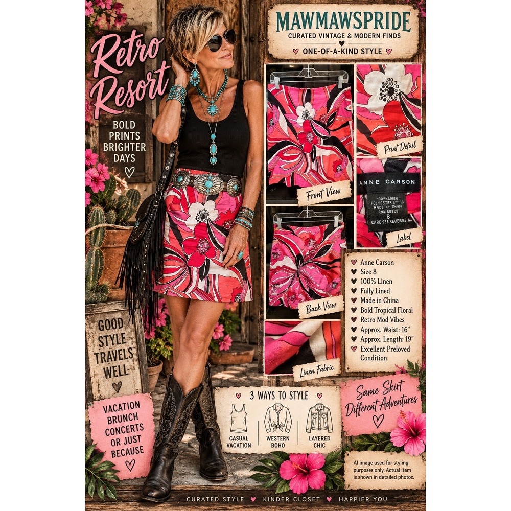 Y2K Anne Carson Linen Skirt 8 Pink Tropical Floral Retro Mod Resort Y2K